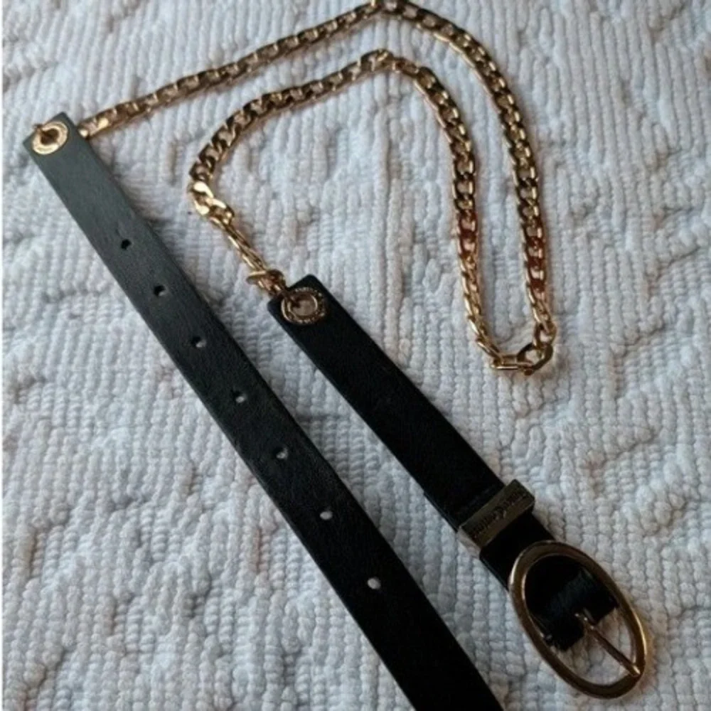 Juicy Couture Black‎ Faux Leather Gold Chain Skinny Belt Oval Buckle